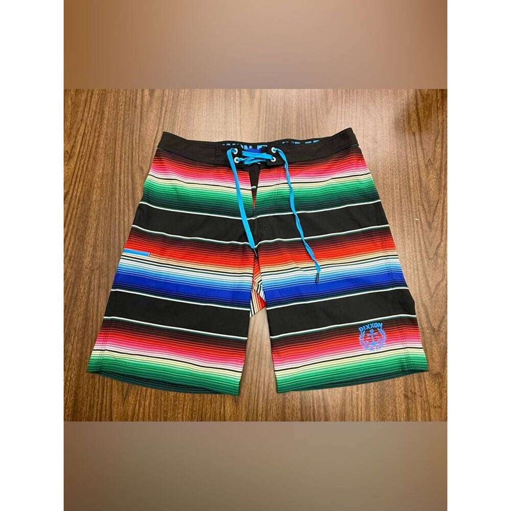 DIXXON Black Multicolor Stripe Swim Shorts with Bright Blue Drawstring